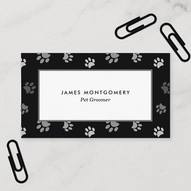 Svart Vitt Grått Tassavtryck Personligt Visitkort (Black White Gray Paw Prints Personalized Business Card)