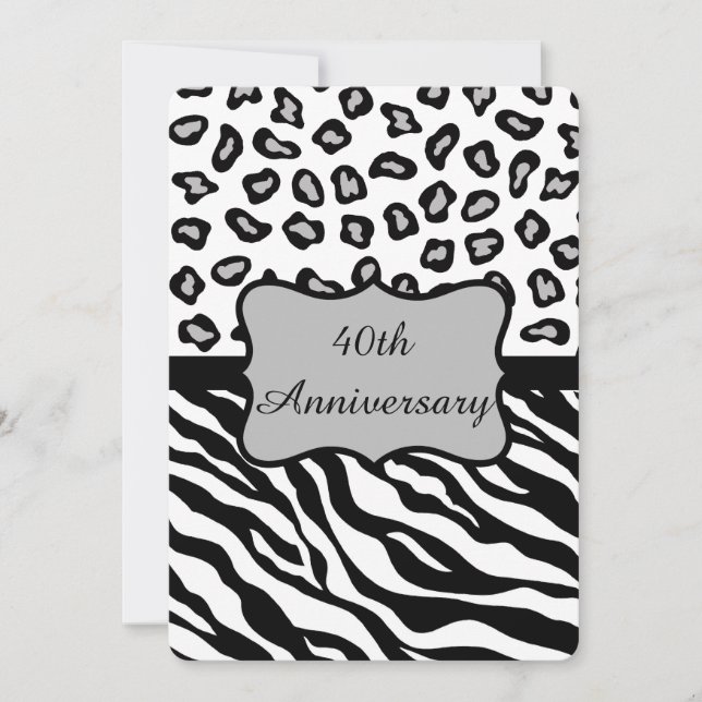 Svart Vitt Grått Zebra Leopard 40-årsjubileum Inbjudningar (Framsida)