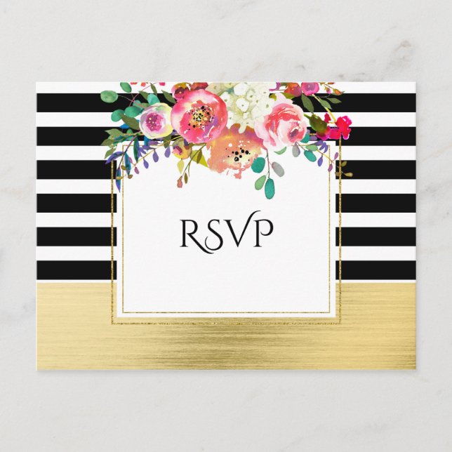Svart Vitt Guld Modern Blommig Glam Bröllop RSVP Inbjudan Vykort (Framsida)