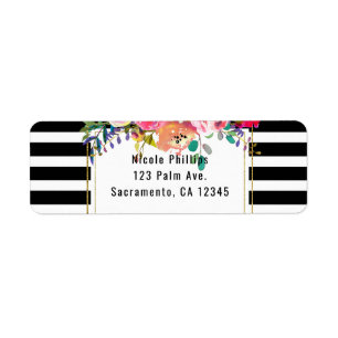 Svart Vitt Guld Modern Blommig Glamour Elegant Chi Returadress Etikett