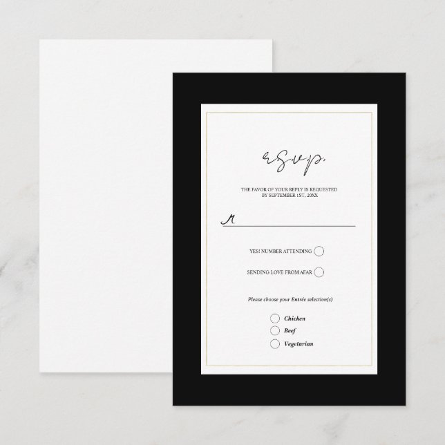Svart Vitt Guld Modern Minimal Bröllop RSVP OSA Kort (Fram/baksida)