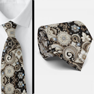 Svart Vitt Guld Spets Paisley Diamant Halsduk Slips