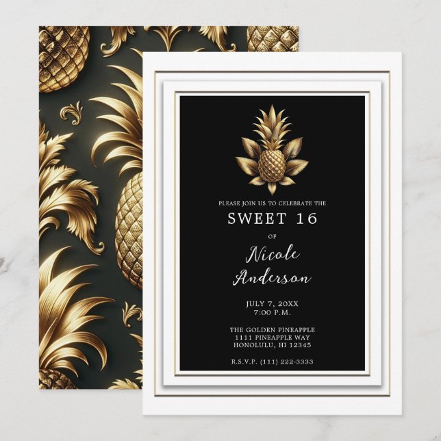 Svart Vitt & Guld Tropisk Ananas Sweet 16 Inbjudningar (Fram/baksida)