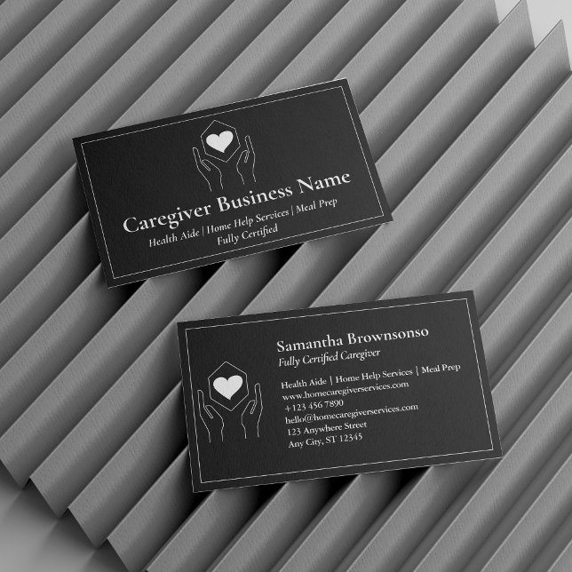 Svart Vitt Hand Hjärta Minimal Vårdgivare Visitkort (Black White Hand Heart Minimal Caregiver Business Card)