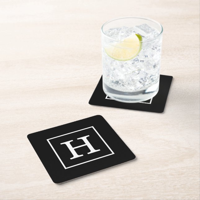 Svart Vitt Infattad Initial Monogram Underlägg Papper Kvadrat (Insitu)