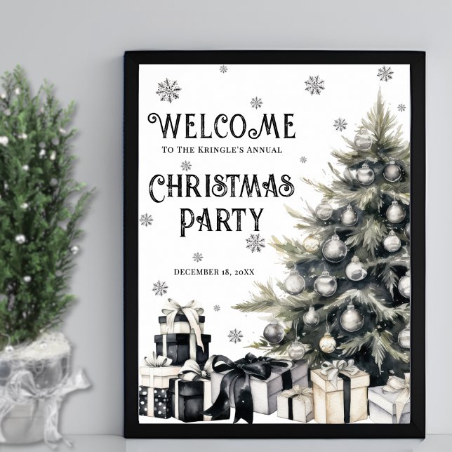 Svart Vitt Julfirande Välkommen Poster (Black White Elegant Christmas Party Welcome Poster)