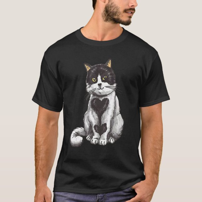 Svart Vitt Katt Hjärta T Shirt (Framsida)