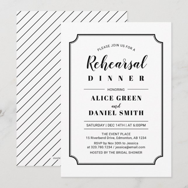 Svart & Vitt | Klassisk Middag Inför Bröllopet Inbjudningar (Fram/baksida)