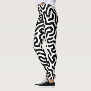 svart, vitt labyrint, dekorationsläge mönster leggings