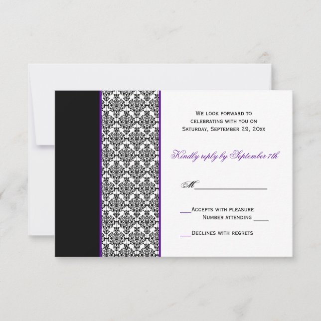 Svart Vitt Lila Damask RSVP-kort OSA Kort (Framsida)