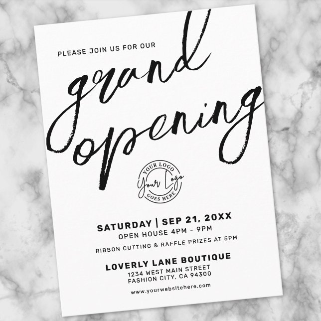 Svart Vitt Logotyp Affärsverksamhet Storslagen Inv Vykort (Black White Logo Business Grand Opening Invitation Postcard)