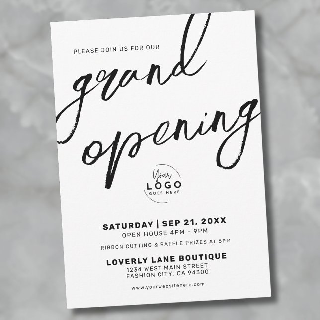 Svart Vitt Logotyp Företag Stor Öppning Inbjudningar (Black White Logo Business Grand Opening Invitation)