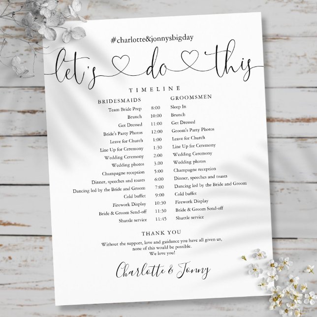 Svart Vitt Manus Bröllopsschema Tidslinje (Black And White Script Wedding Schedule Timeline)