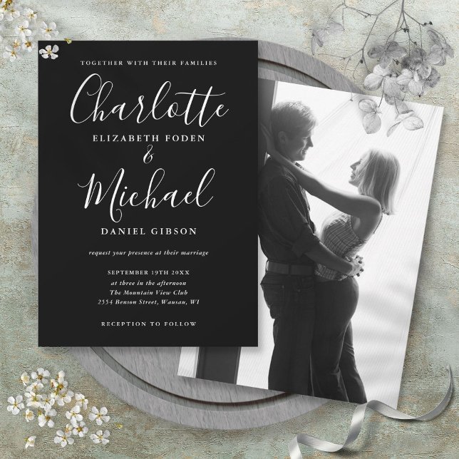 Svart Vitt Manuskript Monokrom Fotografi Bröllop Inbjudningar (Black And White Script Monochrome Photo Wedding Invitation)