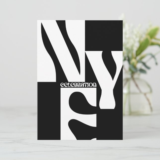Svart & Vitt Minimalistisk Enkel Retro Nyår Inbjudningar (Stående Fram)