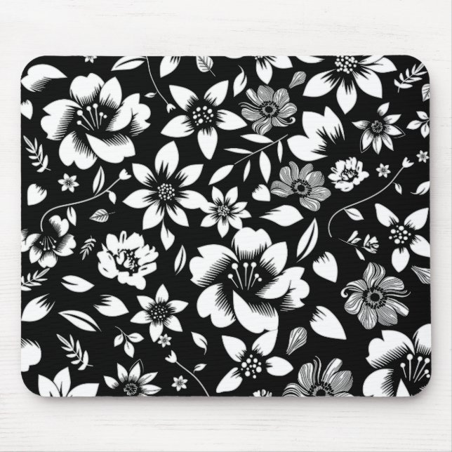 Svart Vitt Modernt Blommotiv Blad som Blåser Tryck Musmatta (Framsidan)