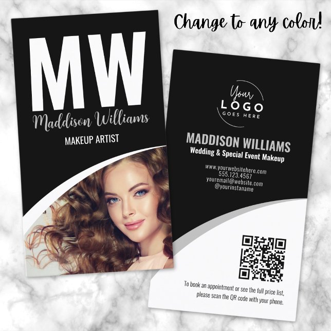 Svart Vitt Modernt Fotologo Monogram Visitkort (Black White Modern Makeup QR Code Logo Monogram Business Card)