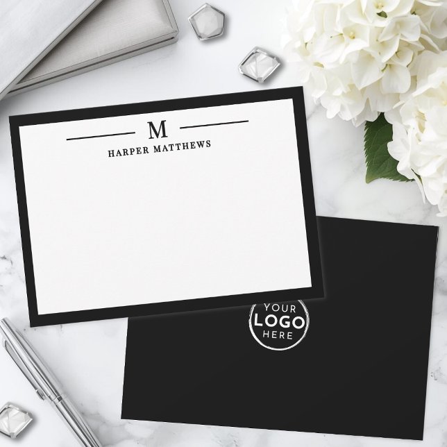 Svart Vitt Monogram Företag Anteckningskort (Black White Monogram Business Note Card )
