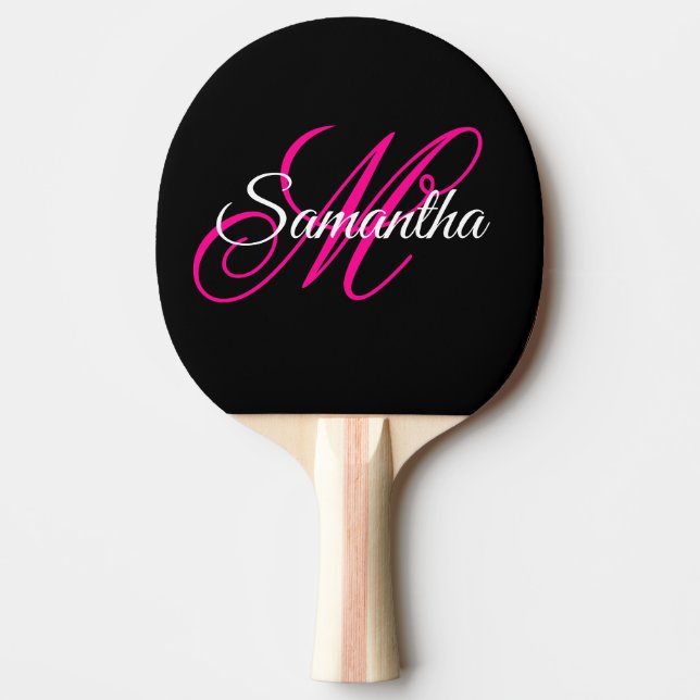 Svart Vitt och Varmt Rosa Fancy Script Monogram Pingisracket (Framsidan)