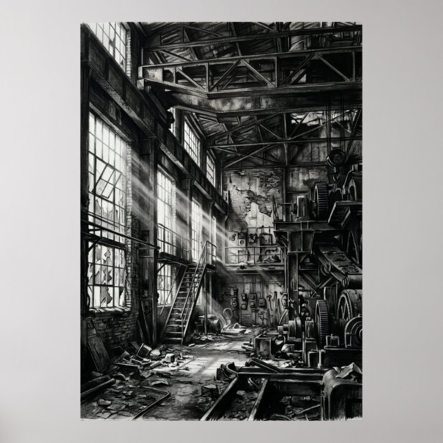 Svart Vitt Övergiven Industrifabrik Urban Exp Poster (Framsidan)