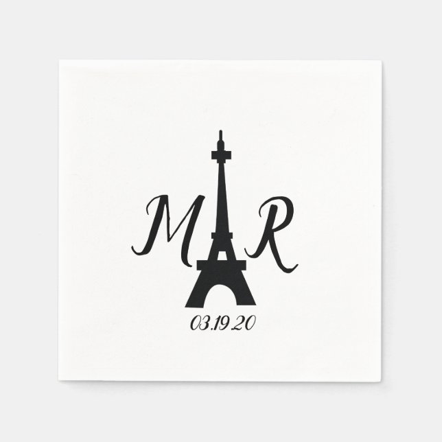 Svart Vitt Paris Torn Bröllops Logotyp Pappersservett (Framsidan)