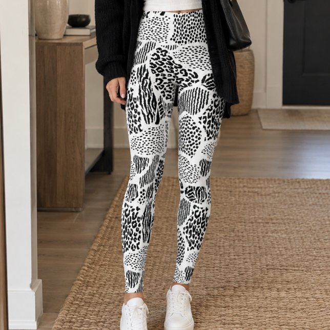 Svart Vitt Patchwork Djurtryck Leggings (Skapare uppladdad)