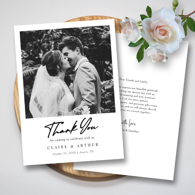 Svart Vitt Polaroid Foto Bröllop Tack Kort (Chic Black Hand Lettered Signature Wedding Photo Thank You Card)