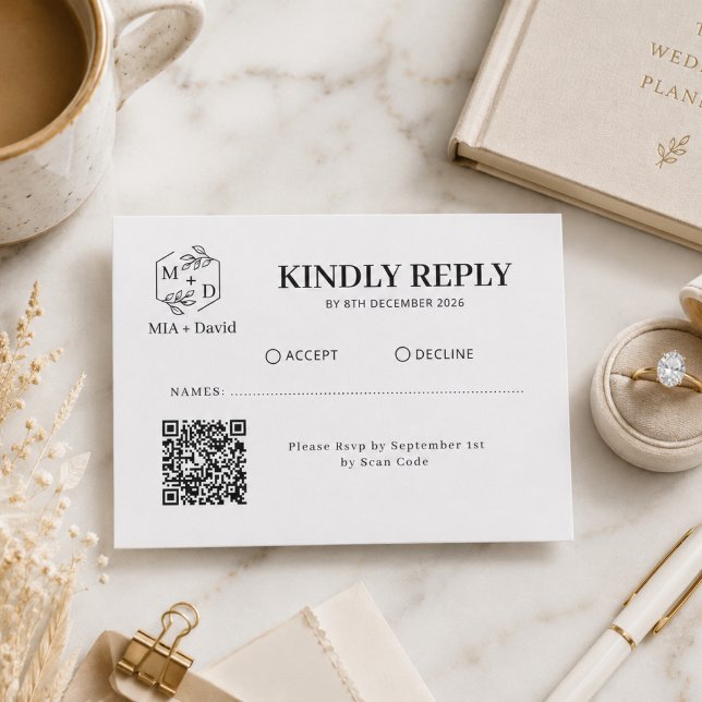 Svart Vitt Qr Kod monogram Bröllop Svara OSA Kort (Black White Qr Code monogram Wedding Replay RSVP Card)