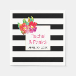 Svart, vitt rand, vattenfärgblommor bröllop pappersservett