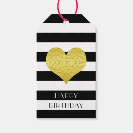 Svart Vitt Randigt Guld Hjärt Happy Birthday Presentetikett
