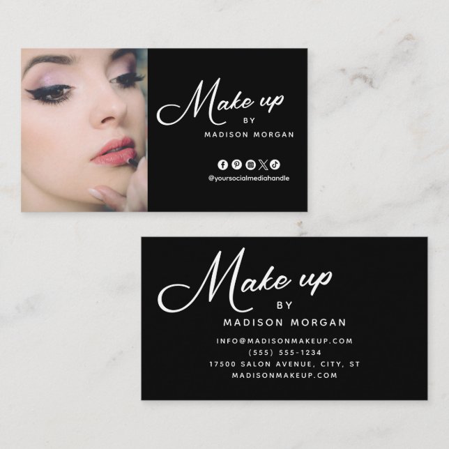 Svart & Vitt Retro Script Foto Makeup Visitkort (Fram/baksida)