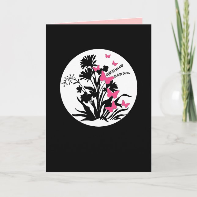 Svart, vitt rosa-blomsterpatroneringskort kort (Framsida)