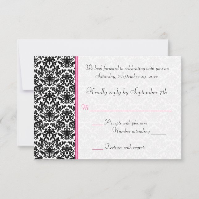 Svart, Vitt, Rosa Damask RSVP-kort Inbjudningar (Framsida)