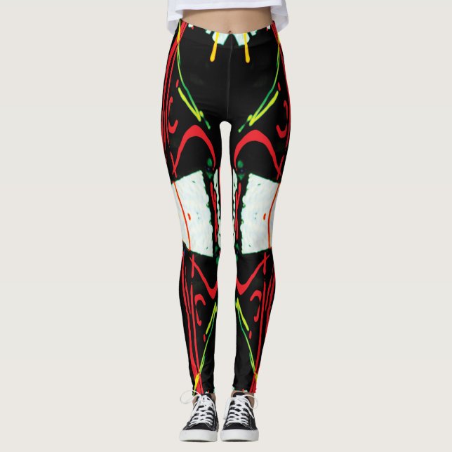 Svart Vitt Rött Abstrakt Splatter Leggings (Framsida)