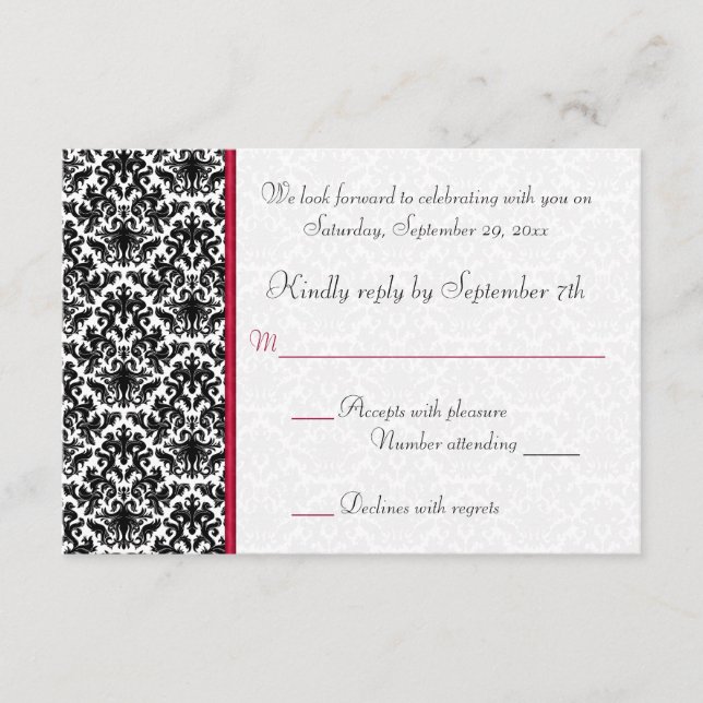 Svart, Vitt, Rött Damast RSVP-kort OSA Kort (Framsida)