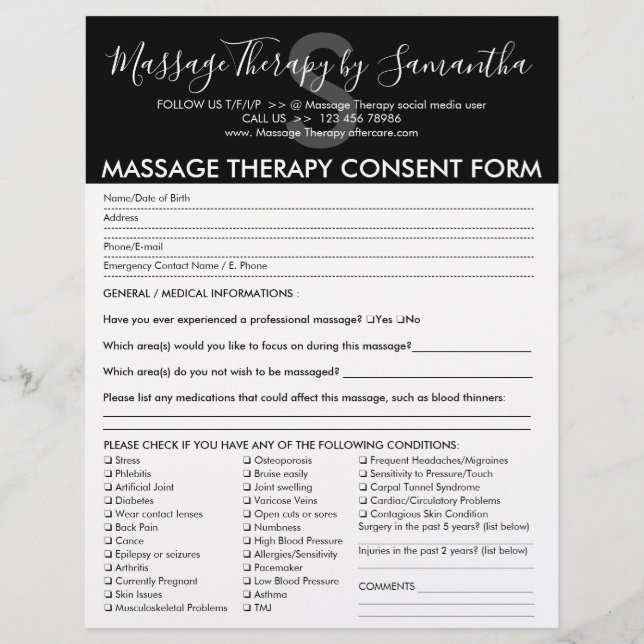 Svart Vitt Samtycke Budgetformulär Massage Terapi Reklamblad (Framsidan)