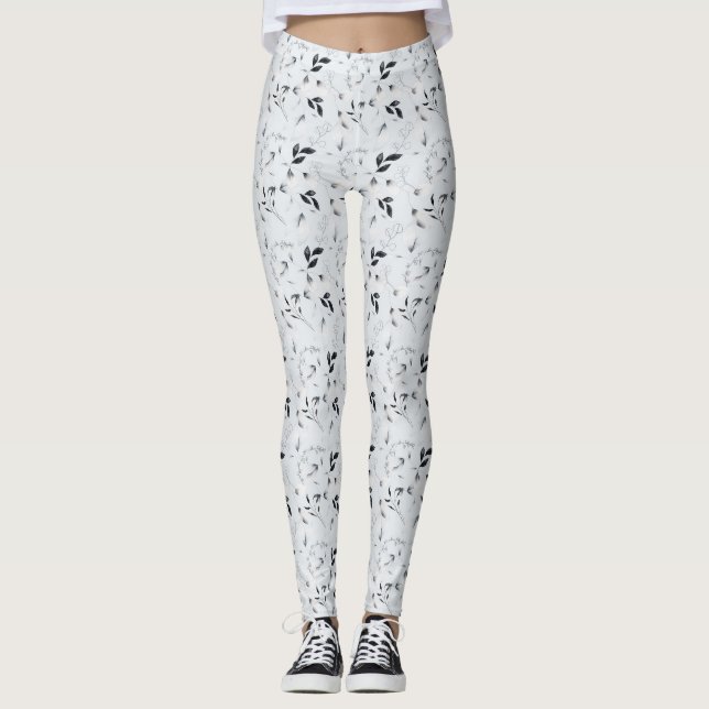 Svart Vitt Silver Grå Blommig Löv  Leggings (Framsida)