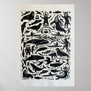 Svart Vitt Simmande Figurer Linocut Träsnitt Konst Poster