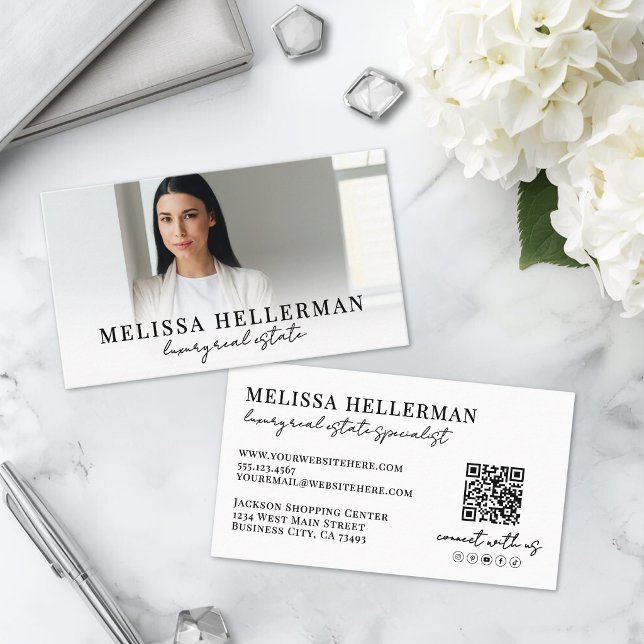 Svart Vitt Skript Fastigheter Visitkort (Black White Script Real Estate Business Card )