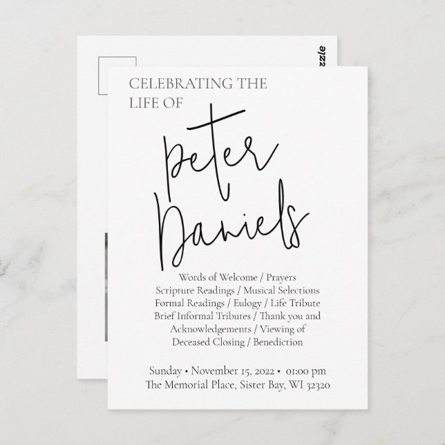 Svart & Vitt Skript Foto Begravningskort Vykort (Fram/baksida)