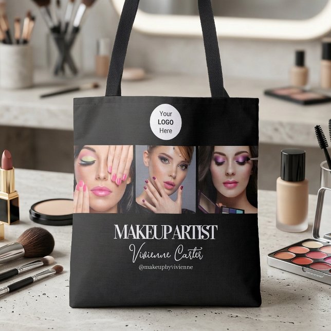 Svart Vitt Skript Logotyp Foto Sminkstudio Tygkasse (Black White Script Logo Photo Makeup Studio Tote Bag)