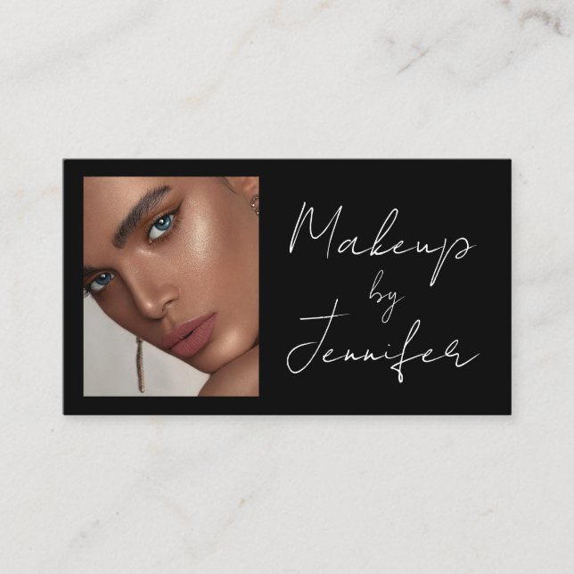 Svart, vitt skript QR-kod, fotomakeup Visitkort (Framsida)