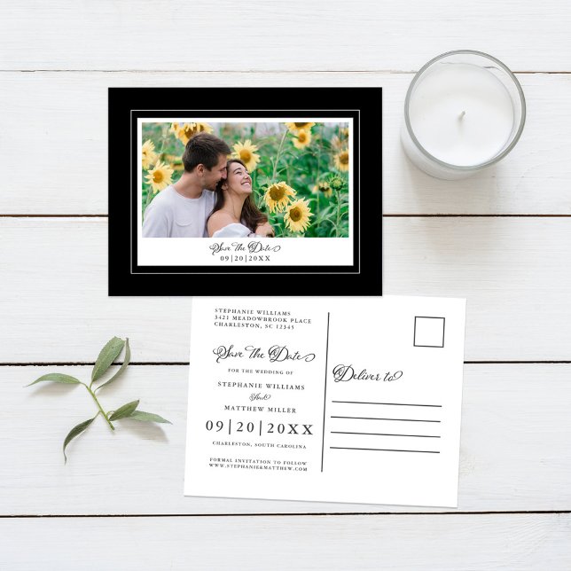 Svart & Vitt Spara Datum Foto Elegant Bröllop Meddelande Vykort (Black & White Save The Date Photo Elegant Wedding Announcement Postcard)