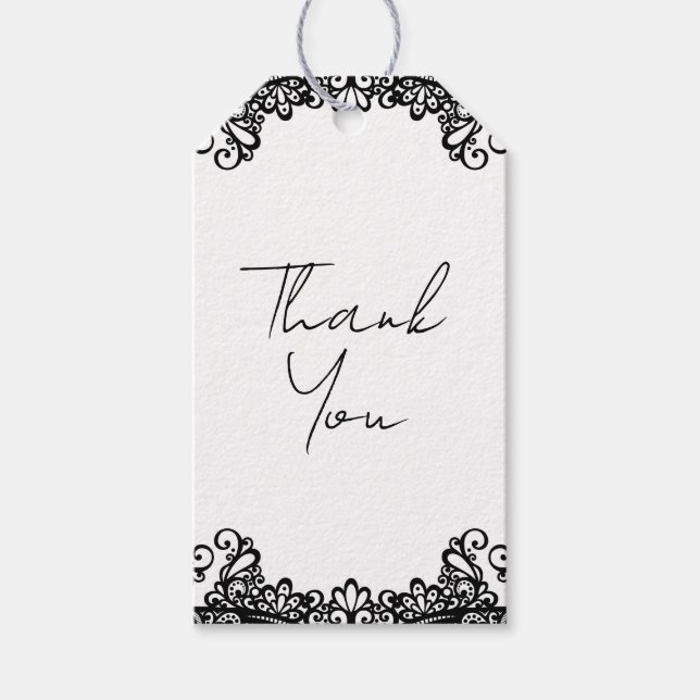 Svart & Vitt Spets Eleganta Bröllop      Presentetikett (Framsidan)