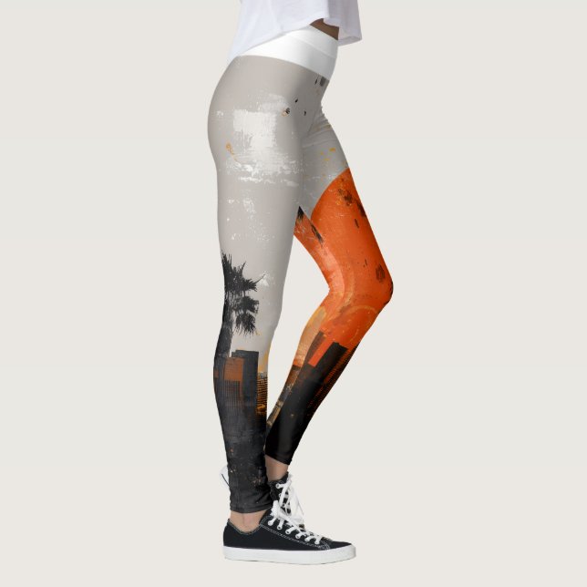 Svart Vitt Stad Palm Orange Sol Kvinnors Leggings (Höger)