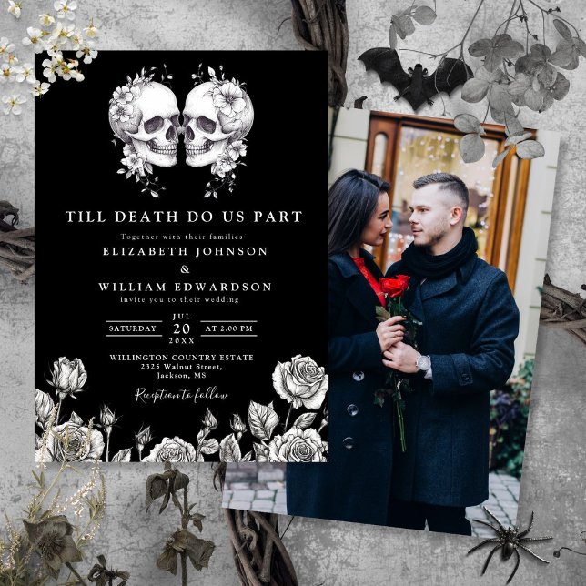 Svart Vitt Till Döden Gothska Döskallar Foto Bröll Inbjudningar (Black White Till Death Gothic Skulls Photo Wedding Invitation)