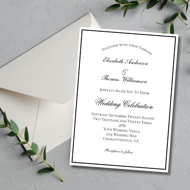 Svart Vitt Traditionellt Klassiskt Formellt Bröllo Inbjudningar (Black White Classic Formal Elegant Wedding invitation with Black border. Digital or Printed.)