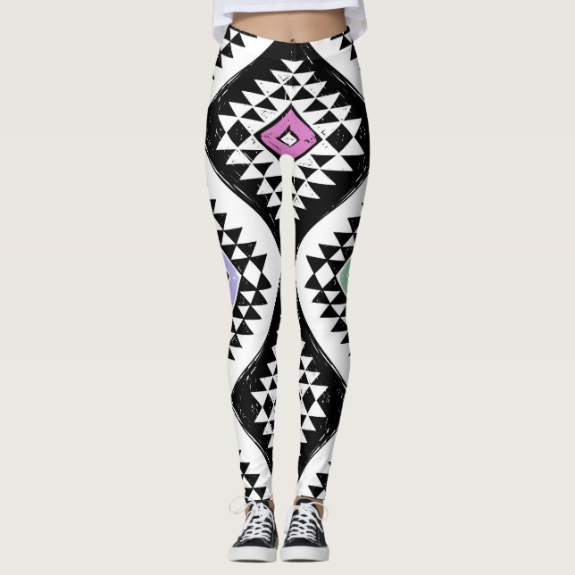 Svart Vitt Tribal Navajo Mönster Leggings (Framsida)