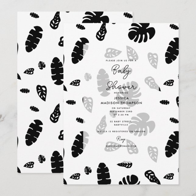 Svart & Vitt Tropiskt Sommarlöv Baby Shower Inbjudningar (Fram/baksida)