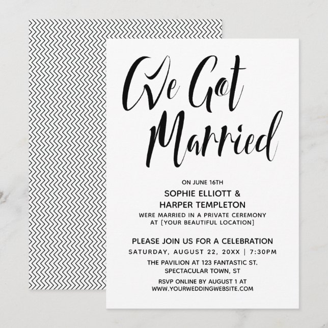 Svart & Vitt Vi Gift Oss Typografi Fest Inbjudningar (Fram/baksida)